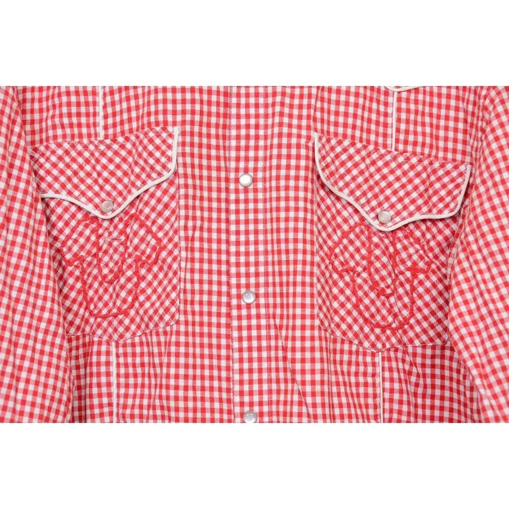 True Religion Men's 42 Vintage-Style Red White Gingham Western Pearl Snap Shirt